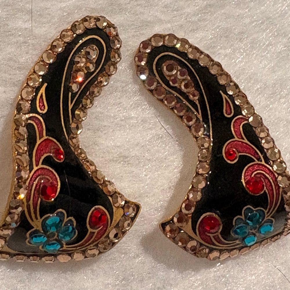 Vintage Scrolled Hand Made Earrings w Gold Crystal/ Aqua & Red Accents Blk Back